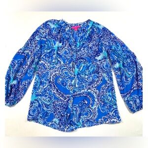 Lilly Pulitzer Anela Top Coastal Blue Legga Sea Long-Sleeve Button Down Shirt